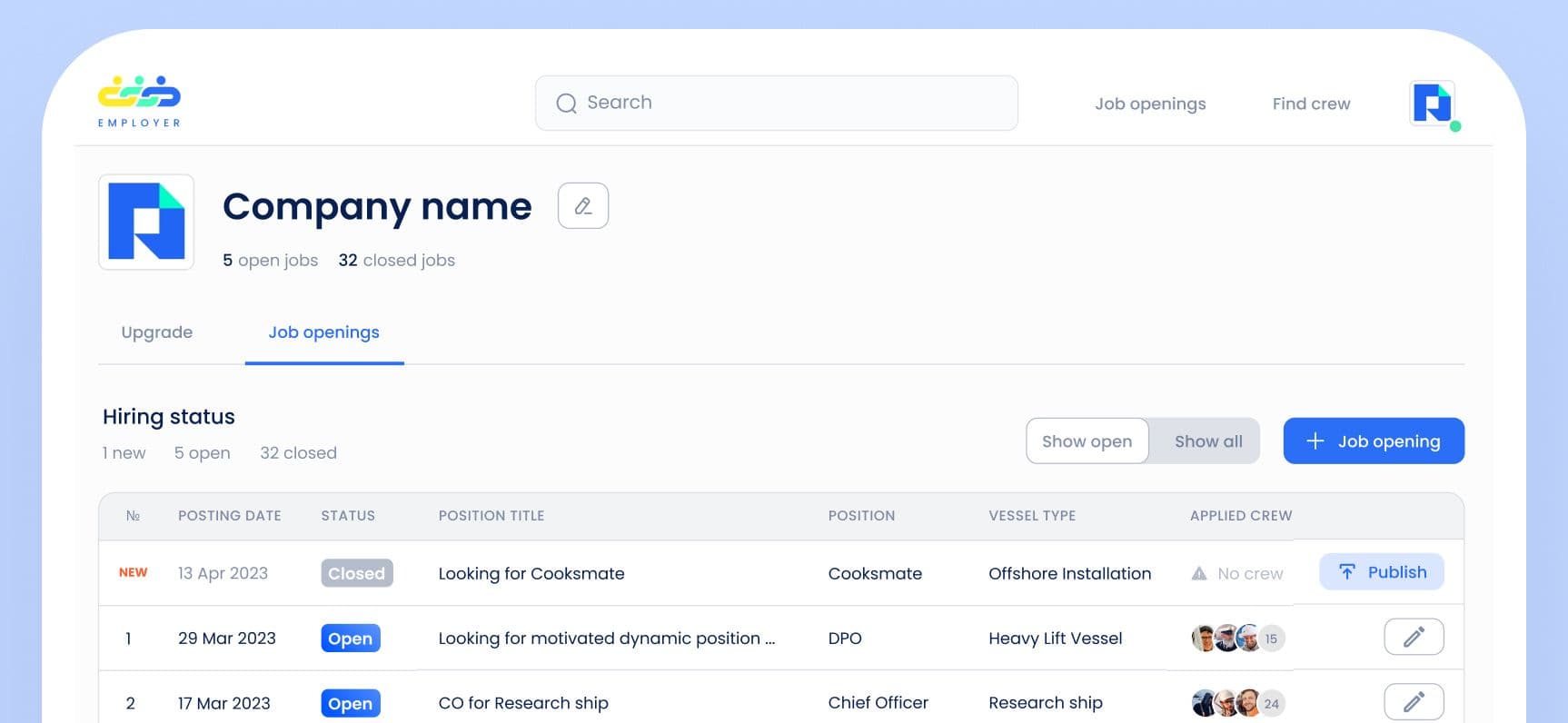 Screenshot of Crewlinker interface for employers