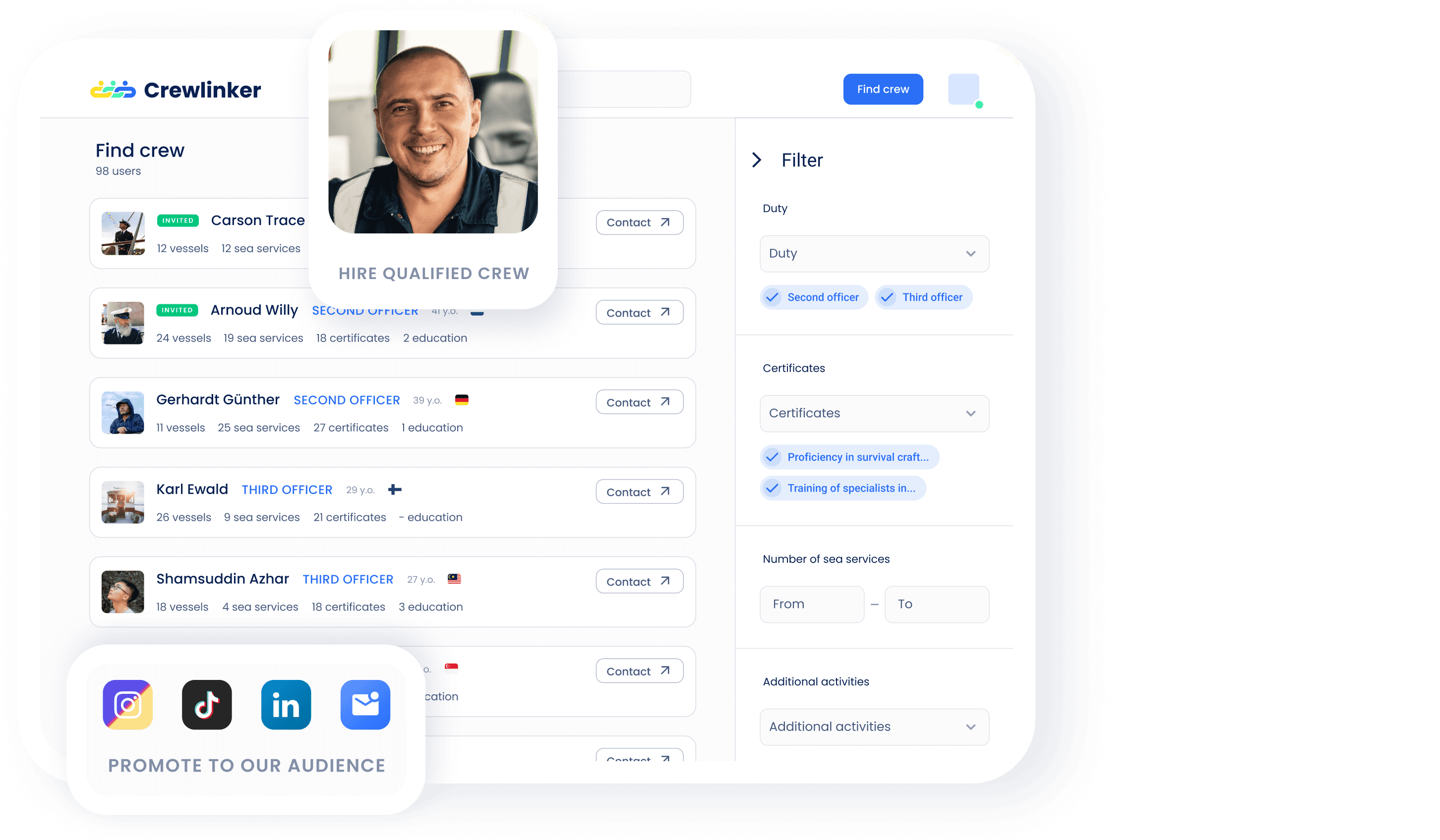 Crewlinker interface for searching for crew
